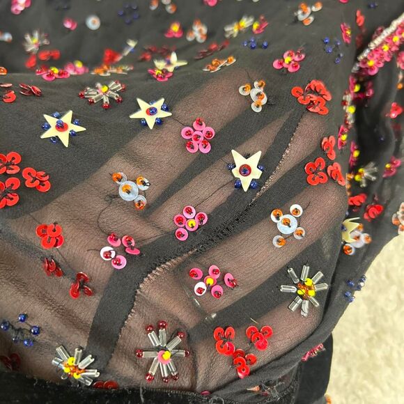 Insane One of a Kind Hand Sequined Velvet Tie Whimsigoth Fairy Sheer Mesh Top - Picture 6 of 6